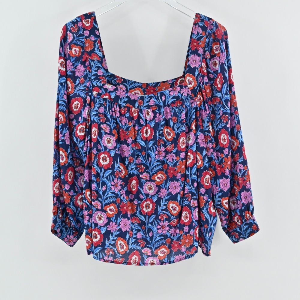 Vineyard Vines Tisbury Floral Blouse Womens Size XL Blue Peasant Boho Cotton